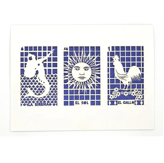 Laser Cut Greeting Card: 3 on 1 Loteria - La Sirena, El Sol, El Gallo