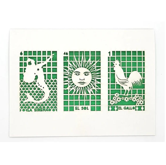 Laser Cut Greeting Card: 3 on 1 Loteria - La Sirena, El Sol, El Gallo