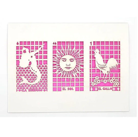 Laser Cut Greeting Card: 3 on 1 Loteria - La Sirena, El Sol, El Gallo