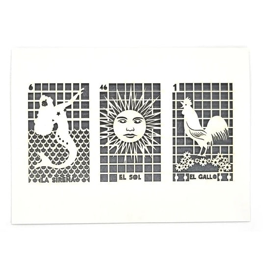 Laser Cut Greeting Card: 3 on 1 Loteria - La Sirena, El Sol, El Gallo