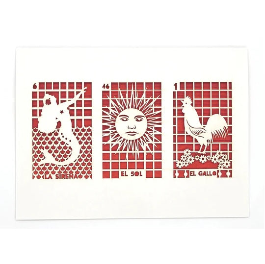 Laser Cut Greeting Card: 3 on 1 Loteria - La Sirena, El Sol, El Gallo
