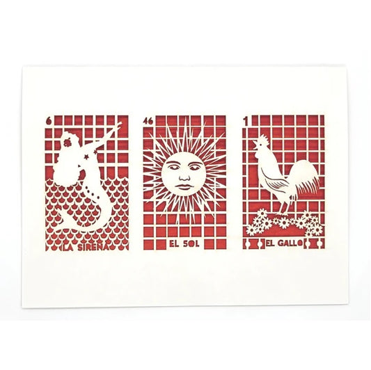 Laser Cut Greeting Card: 3 on 1 Loteria - La Sirena, El Sol, El Gallo