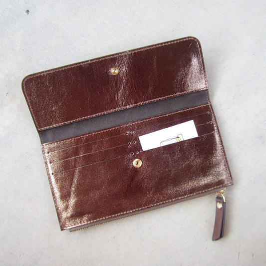 Odele Slim Wallet: Bronze with Brown Zipper