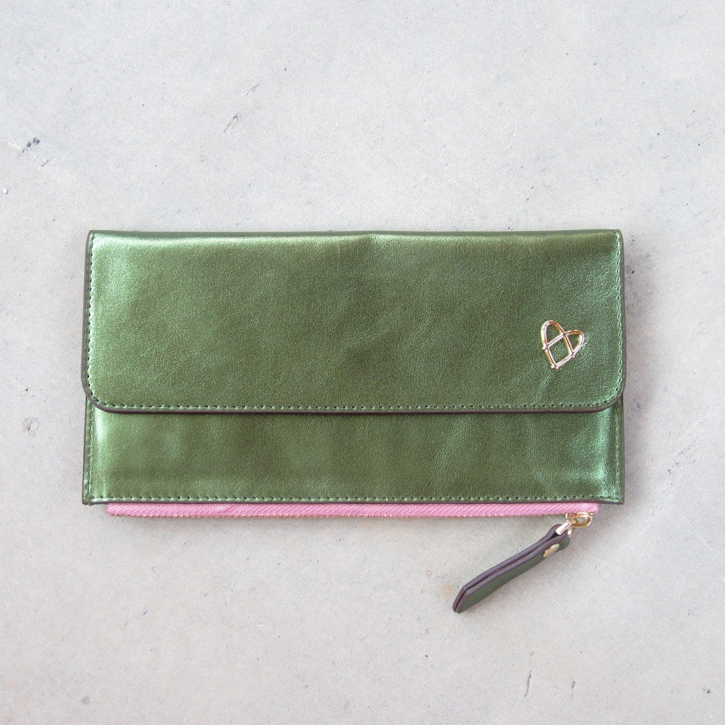 Odele Slim Wallet: Green with Salmon Zipper