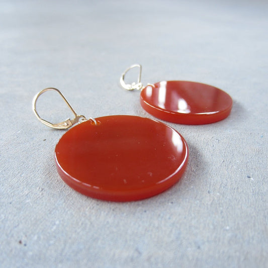 Large Carnelian Coin Lever Back Earrings in 14k Gold Fill for Willpower