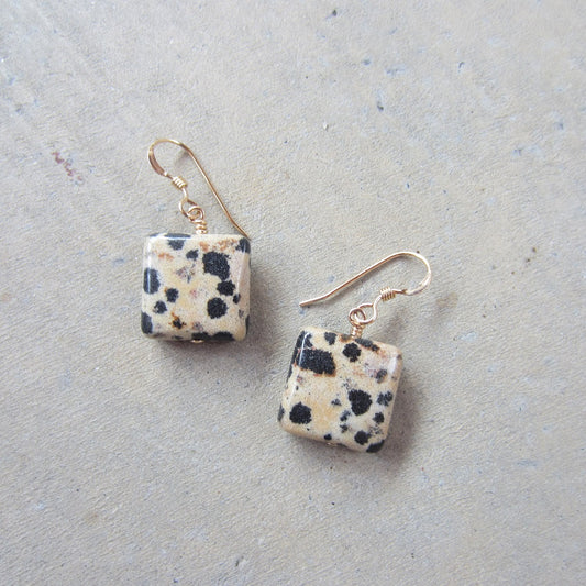 Dalmatian Stone Square Earrings in 14k Gold Fill for Daily Joy