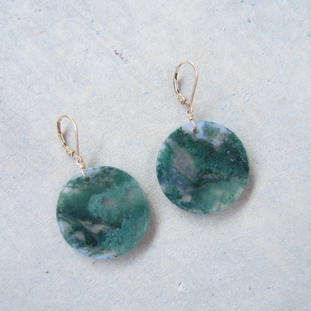 Large Moss Agate Coin Lever Back Earrings in 14k Gold Fill for Balance and Harmony