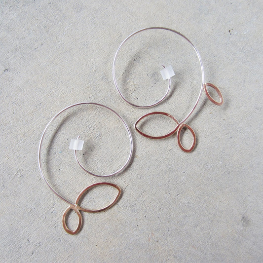 Asymmetrical Vine Spiral Hoops in Mixed Metals