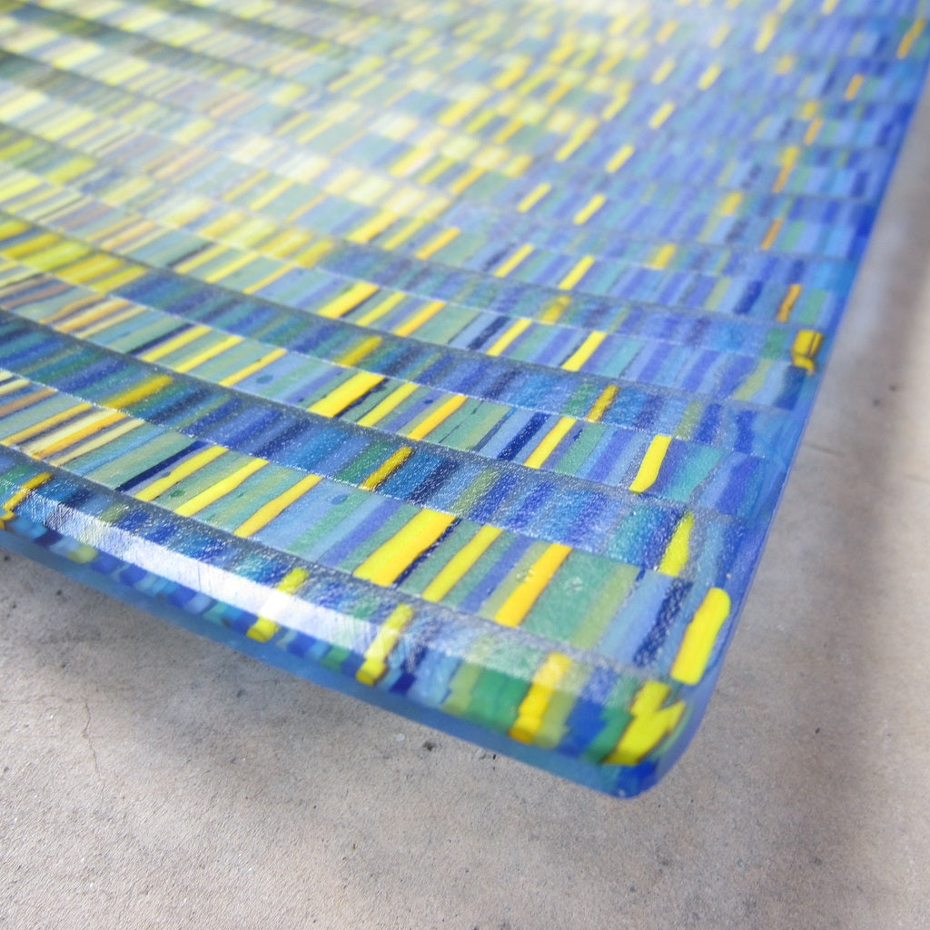 Square Fused Glass Platter: Blue and Yellow Tapestry Pattern