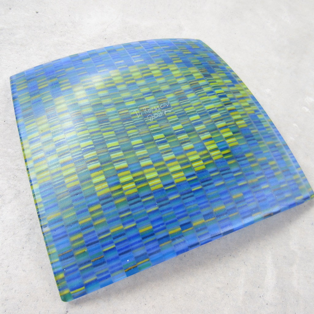 Square Fused Glass Platter: Blue and Yellow Tapestry Pattern