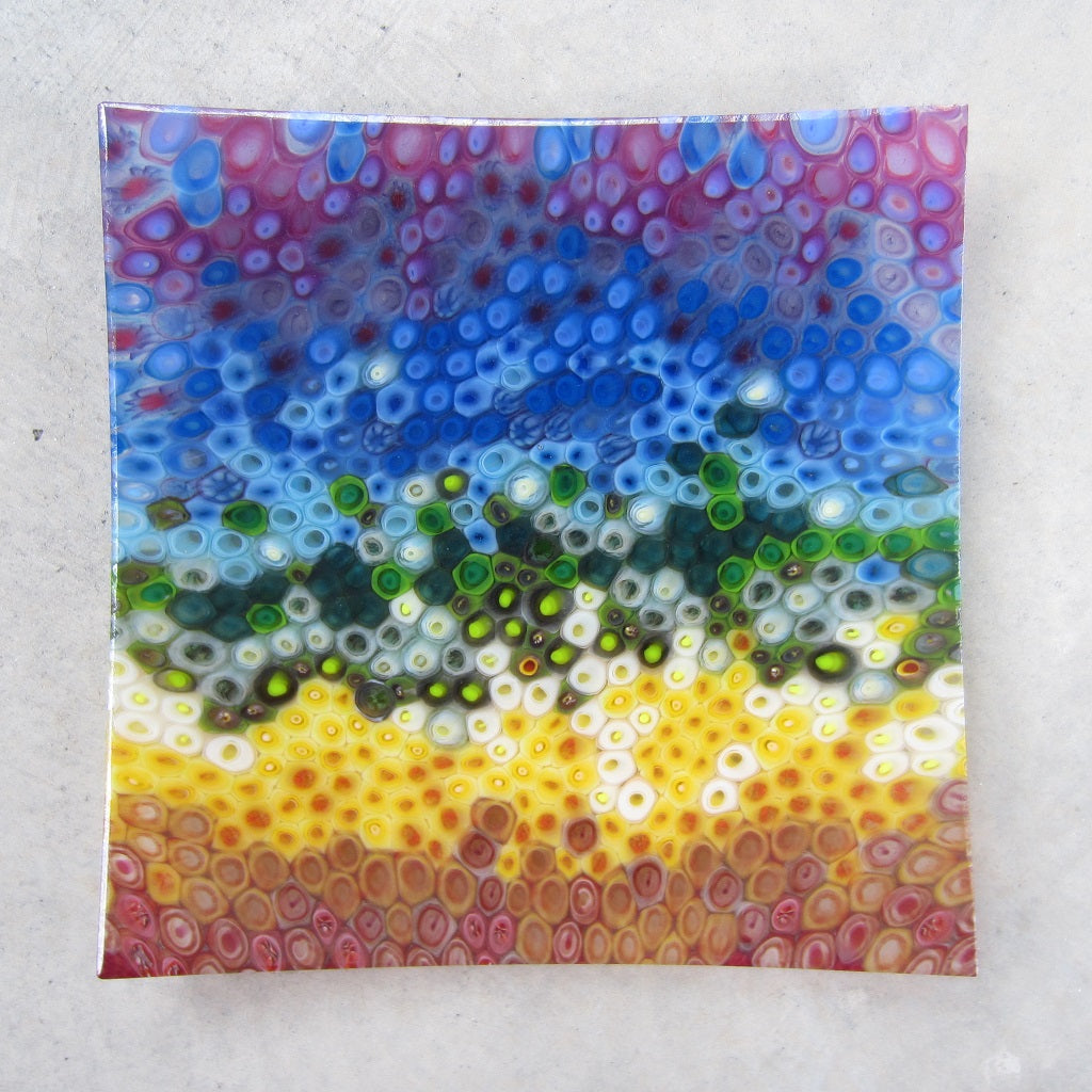 Square Fused Glass Platter: Rainbow Cell Pattern