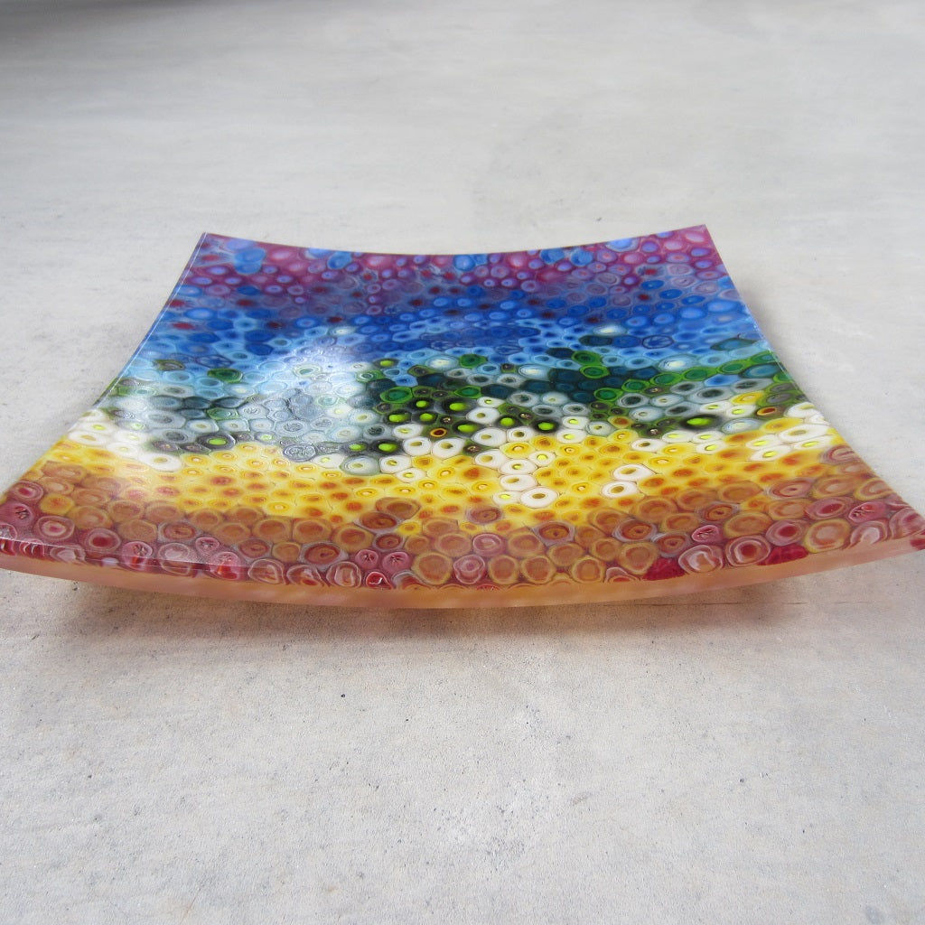 Square Fused Glass Platter: Rainbow Cell Pattern