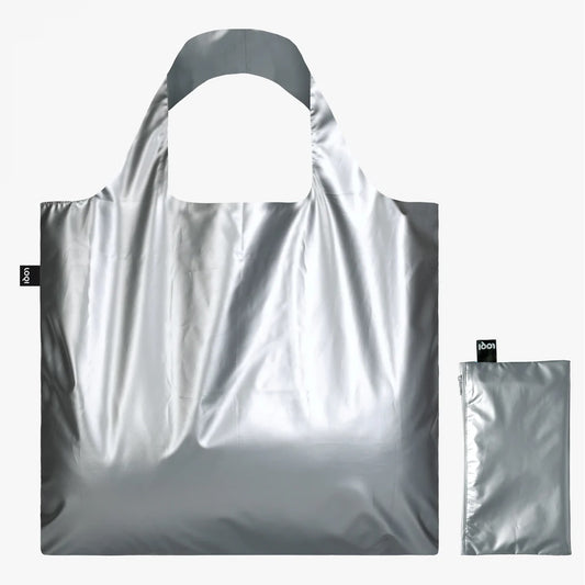 Recycled Tote Bag with Pouch: Silver Metallic Bag with Zip Pocket