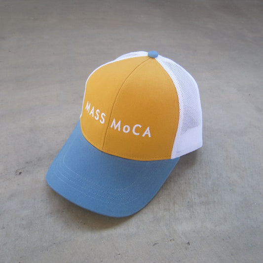 MASS MoCA Two-Tone Trucker Hat: Mustard Yellow and Blue