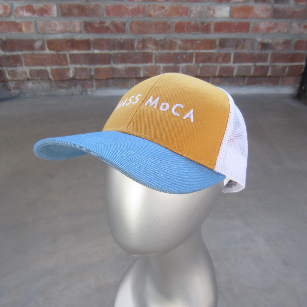 MASS MoCA Two-Tone Trucker Hat: Mustard Yellow and Blue