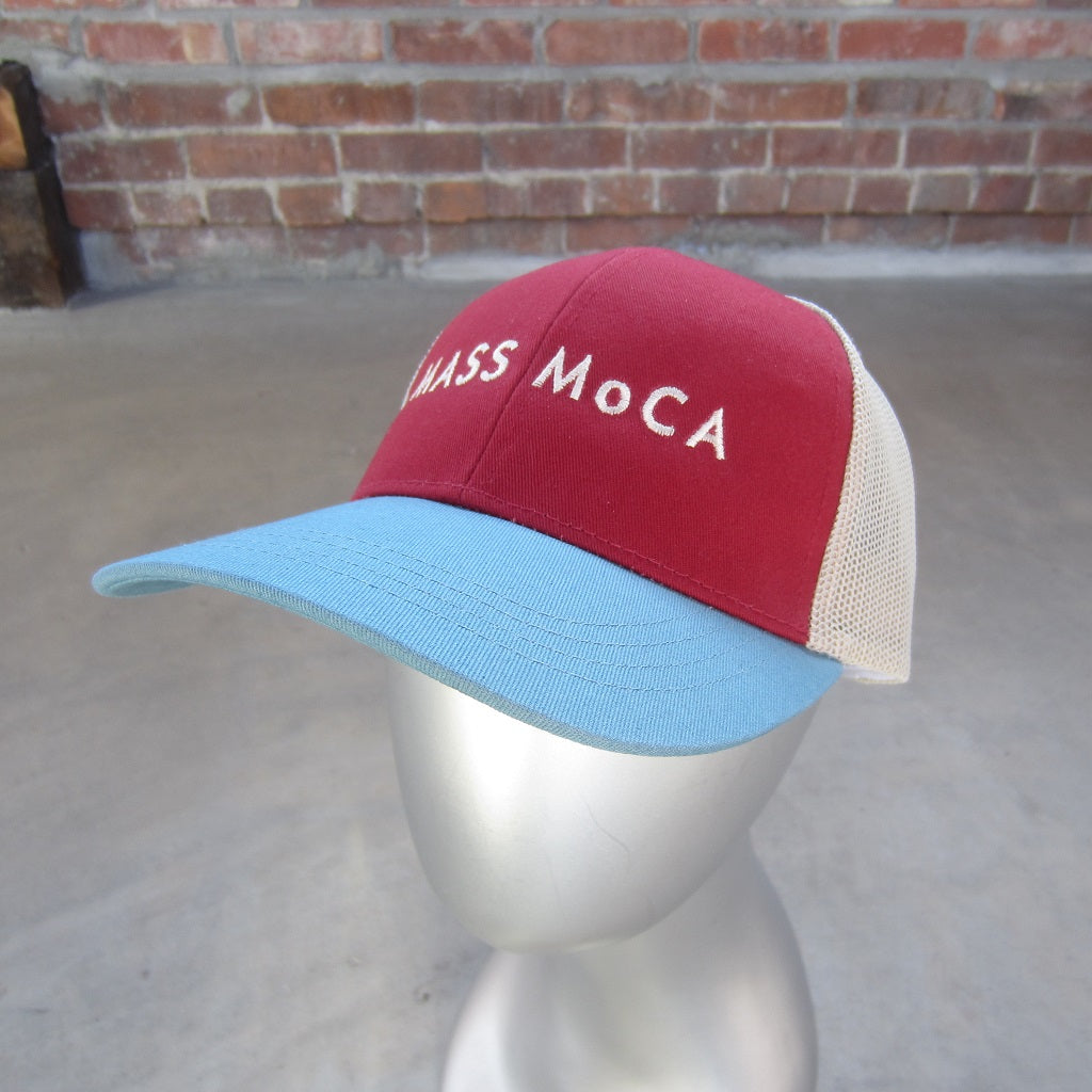 MASS MoCA Two-Tone Trucker Hat: Wine Red and Steel Blue