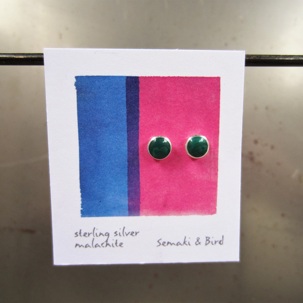Abstract Studs: Silver and Malachite Circles